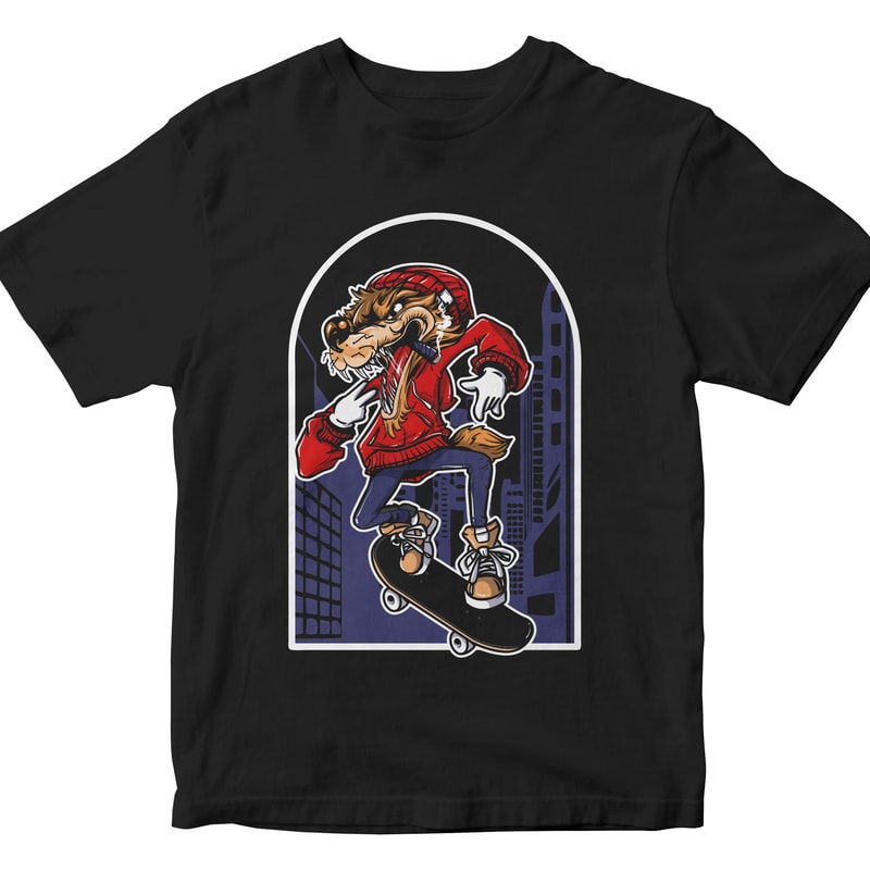 Wolf Skateboard cartoon tshirt design for merch by amazon