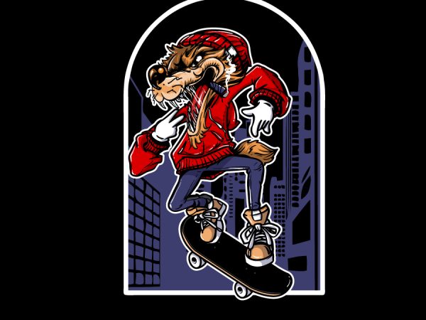 Wolf skateboard cartoon vector t-shirt design for commercial use