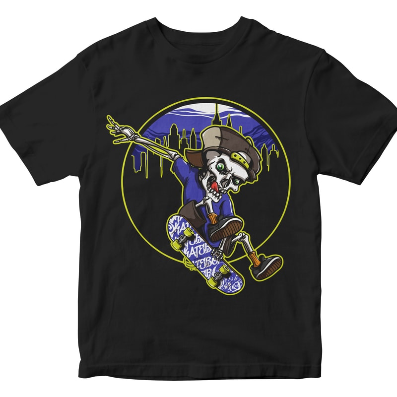 Skull Skateboard Cartoon tshirt design for merch by amazon