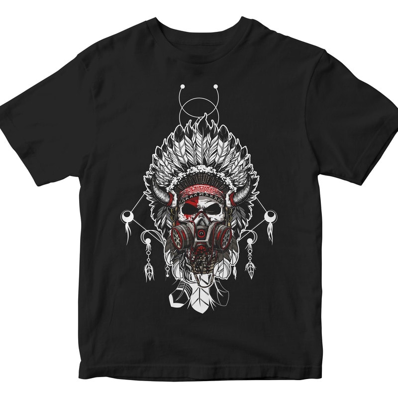 Skull Indian chief with a gas mask tshirt designs for merch by amazon