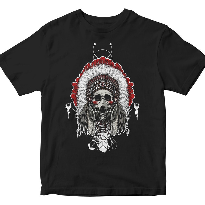 skull Indian chief with a gas mask tshirt designs for merch by amazon