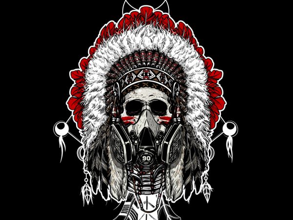 Skull indian chief with a gas mask t shirt design for purchase