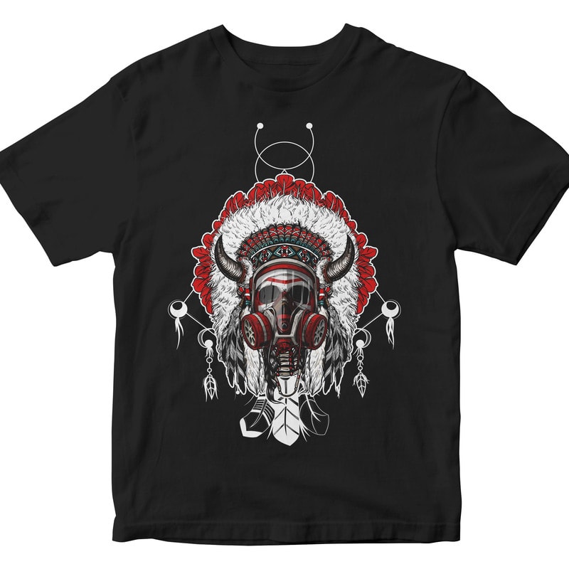 skull Indian chief with a gas mask tshirt designs for merch by amazon