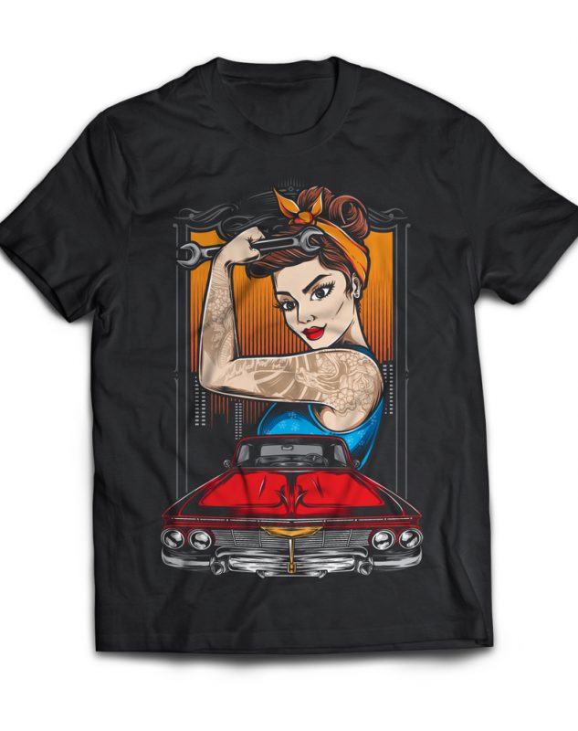 Rockabilly Girl Mechanic commercial use t shirt designs
