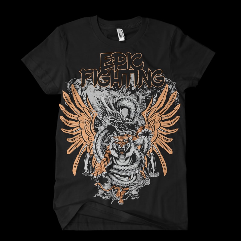EPIC FIGHTING DRAGON VS TIGER vector t-shirt design for sale