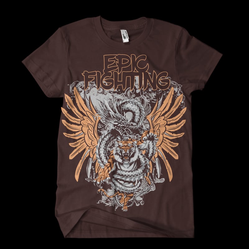 EPIC FIGHTING DRAGON VS TIGER vector t-shirt design for sale