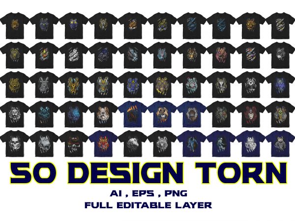 50 torn tees design bundles cat, animal, astronaut, etc