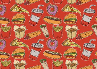 Color fast food pattern. Vector t-shirt design.