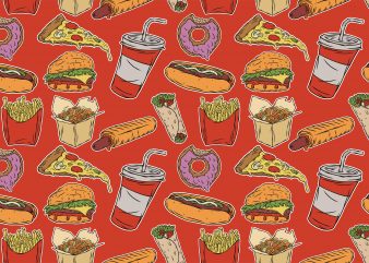 Color fast food pattern. Vector t-shirt design.