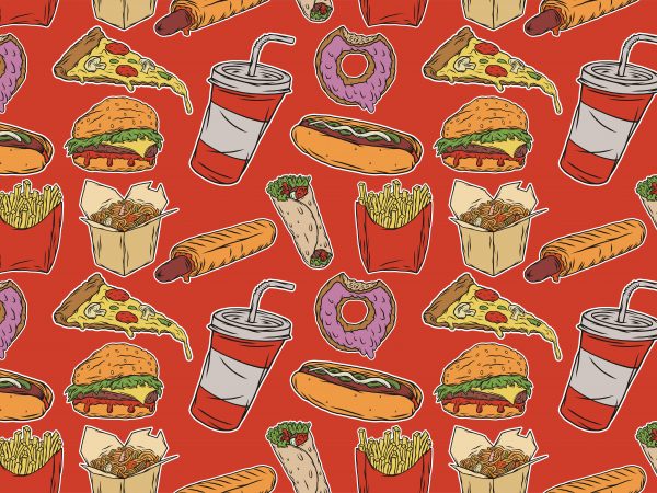 Color fast food pattern. vector t-shirt design.