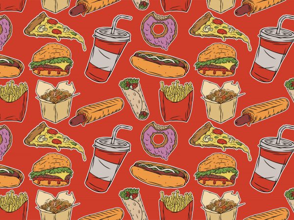 Color fast food pattern. vector t-shirt design.