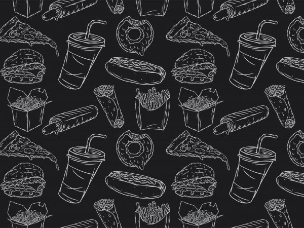 Monochrome fast food pattern. vector t-shirt design.