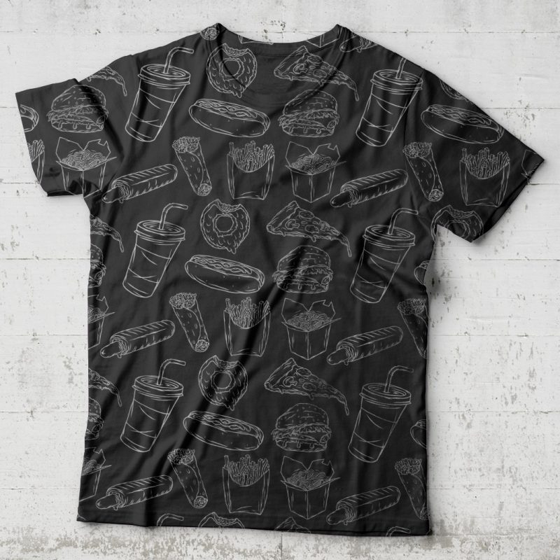 Monochrome fast food pattern. Vector t-shirt design. commercial use t shirt designs