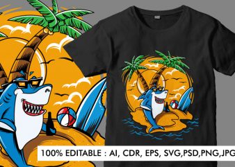 Shark Vacation Paradise at Surfer Island Sunset View vector t shirt design for download