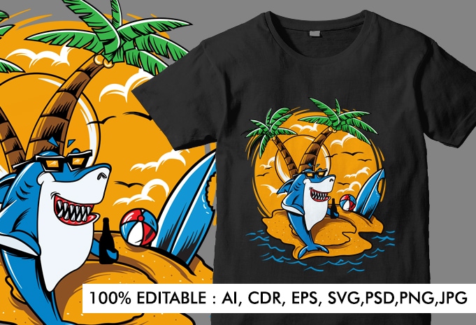 Download Shark Vacation Paradise At Surfer Island Sunset View Vector T Shirt Design For Download Buy T Shirt Designs