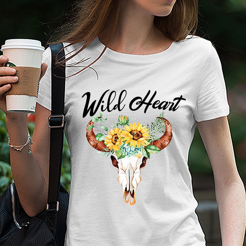 Wild Heart svg, Cow Skull svg, Sunflower, Boho, Hippie, EPS SVG PNG DXF digital download buy t shirt designs artwork