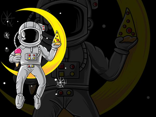 Astronout chill with pizza and ice cream at moon t shirt design for purchase