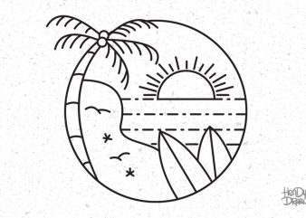 Surf line art stamp in modern flat style. Paradise t-shirt design for sale