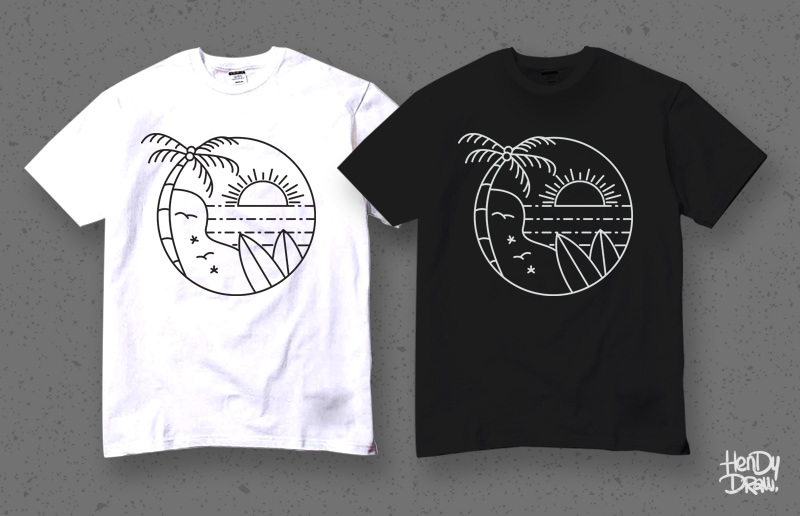 Surf line art stamp in modern flat style. Paradise t-shirt design for sale
