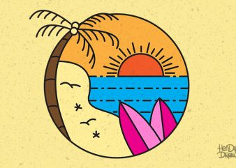 Surf line art stamp in modern color flat style. Paradise beach illustration with palm tree, ocean waves and surfboard. shirt design png