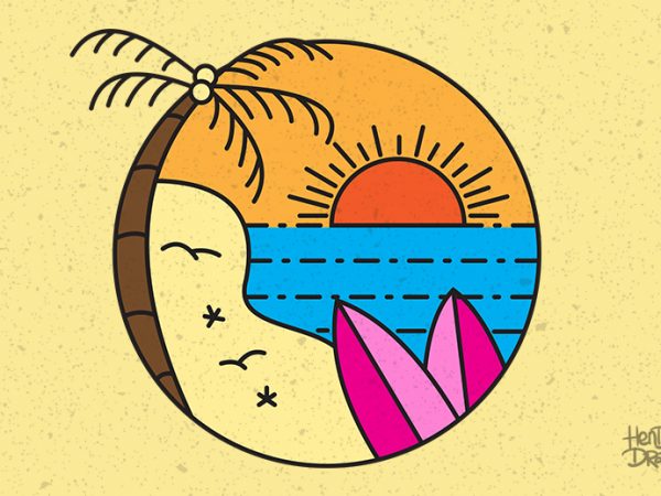 Surf line art stamp in modern color flat style. paradise beach illustration with palm tree, ocean waves and surfboard. shirt design png