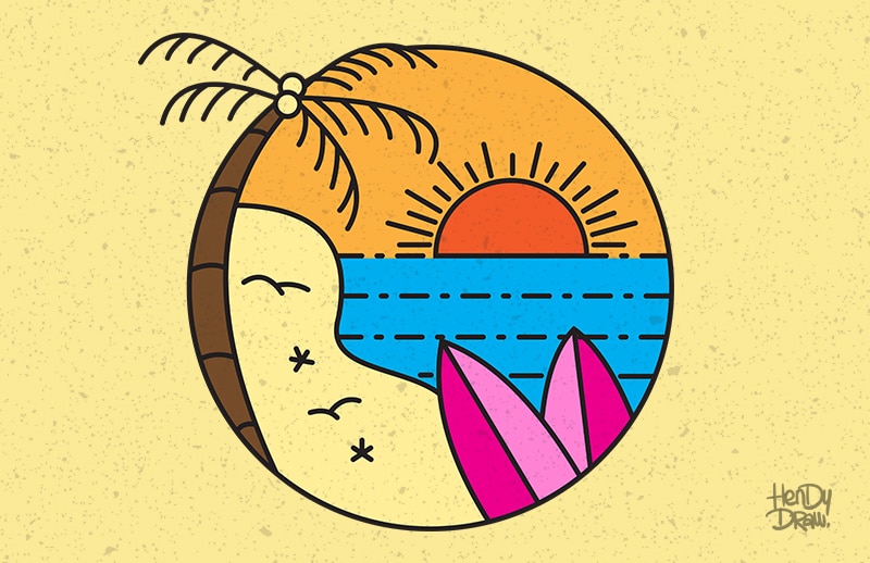 Surf line art stamp in modern color flat style. Paradise beach illustration with palm tree, ocean waves and surfboard. shirt design png