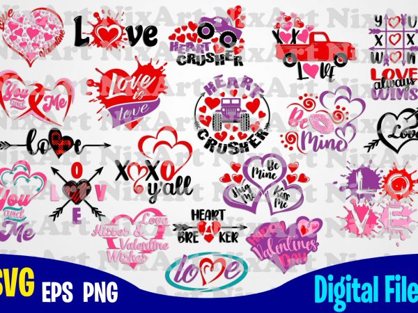 Valentines day bundle, 20 t shirt vector designs, love, valentine, heart, funny valentine designs bundle svg eps, png files for cutting machines and print t