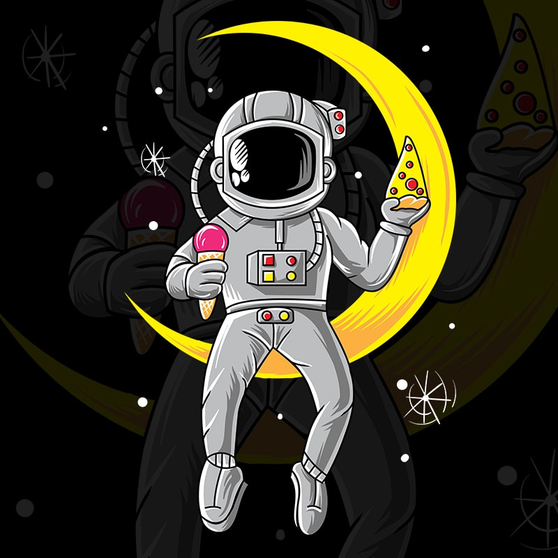 Astronout Chill with Pizza and ice cream at Moon t shirt design for purchase