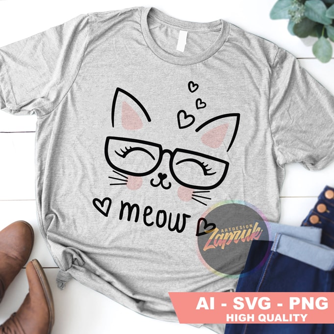 Meow cute Cat tshirt design for girl SVG, AI, PNG For sale