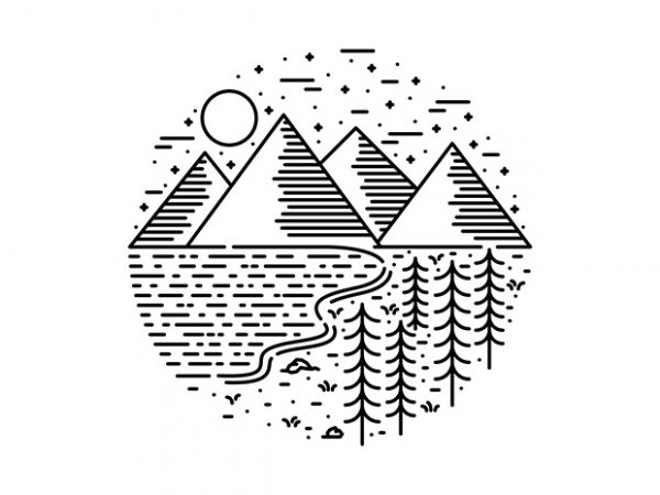 Mountain lake and tree t shirt design template