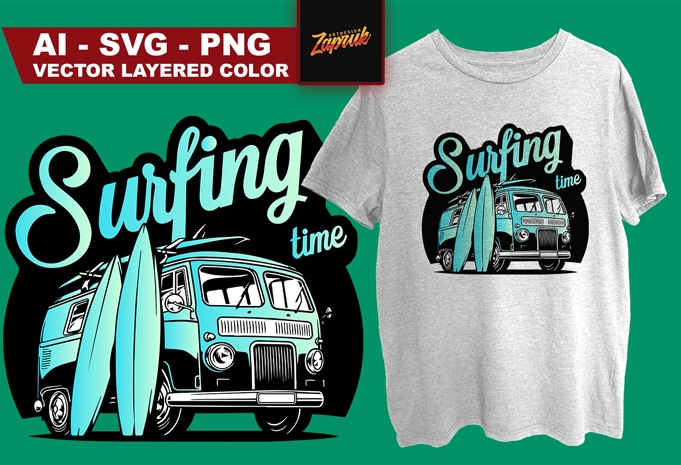 Surfing time t-shirt design for commercial use