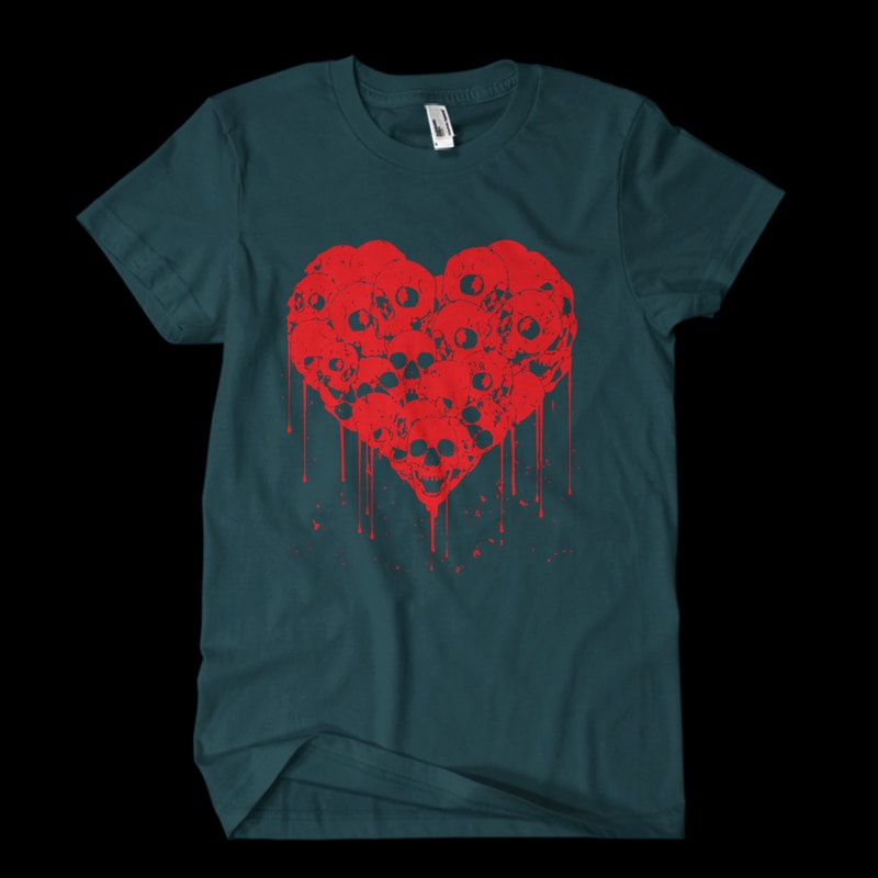 skulls love heart t shirt design for purchase