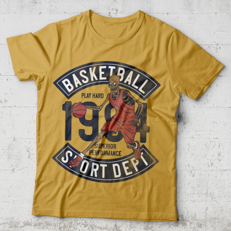 Basketball skeleton t shirt design for sale