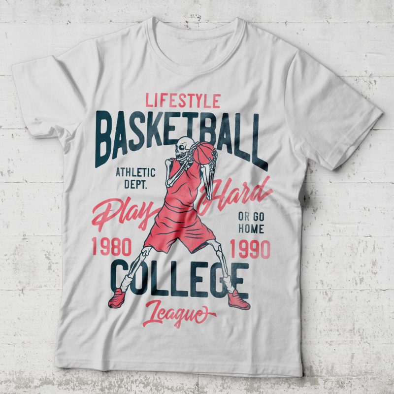 Basketball skeleton t shirt design for sale