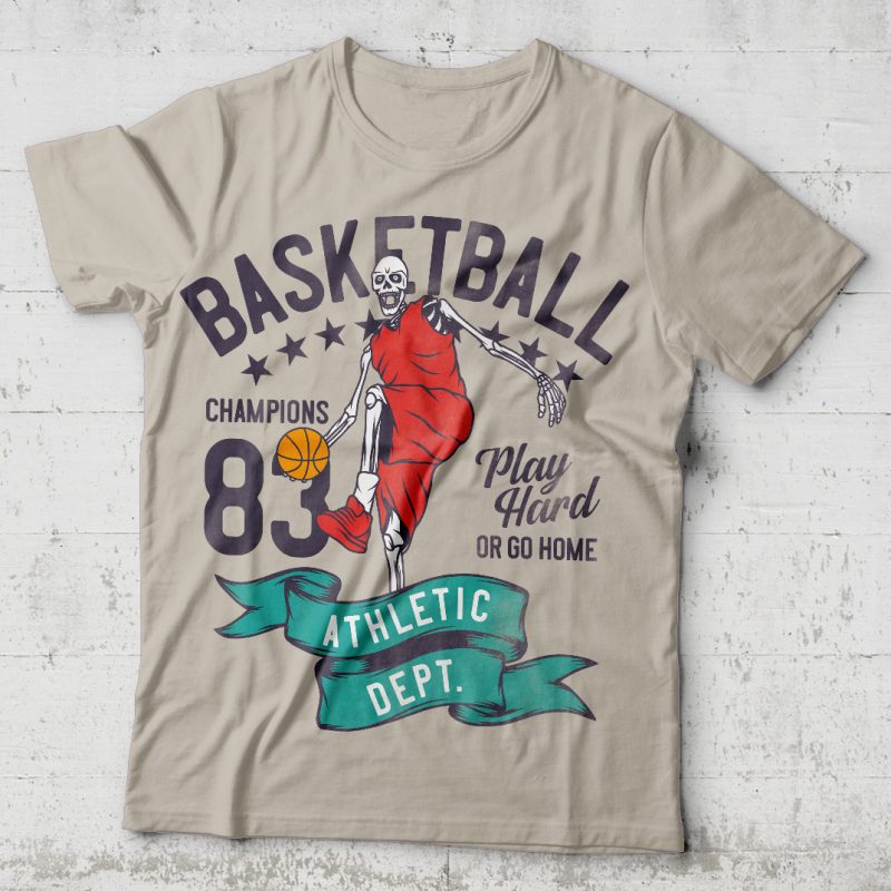 Basketball skeleton t shirt design for sale