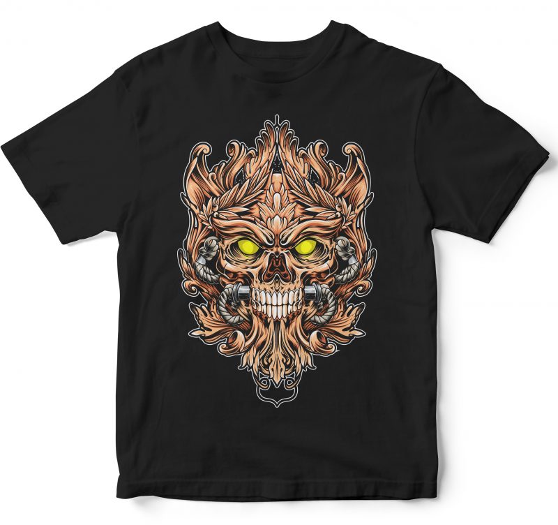 SKULL HEAD ENGRAVING SCROLL detail tropical t shirt design for purchase