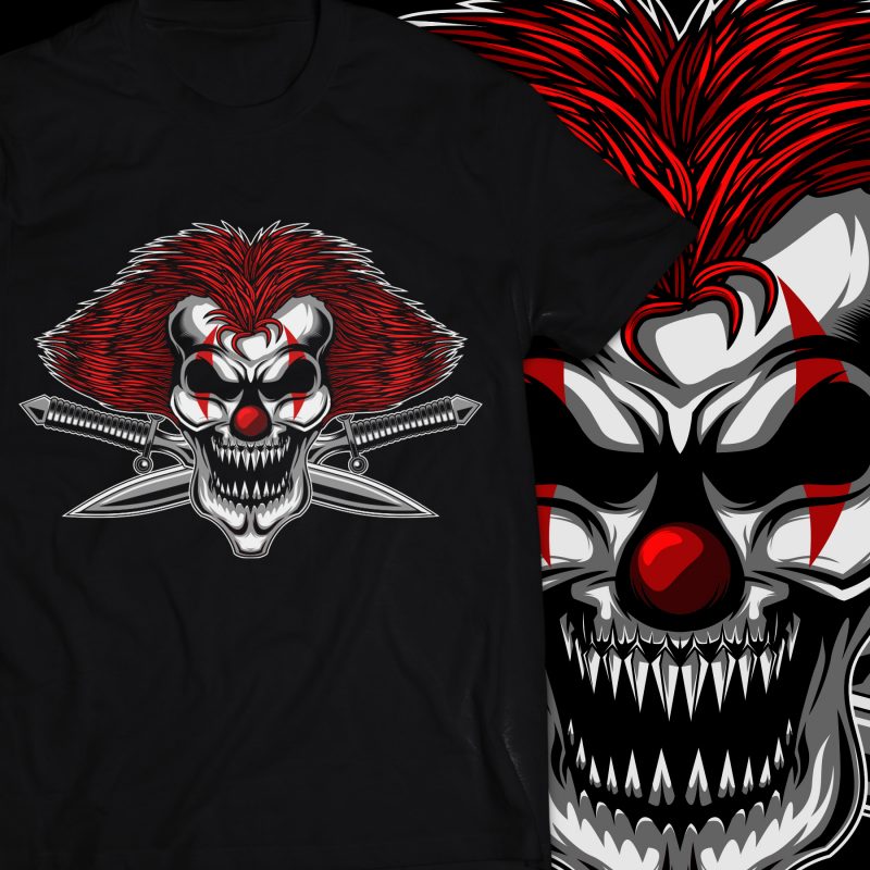 Angry Skull Clown with cross sword design for t shirt design for t shirt