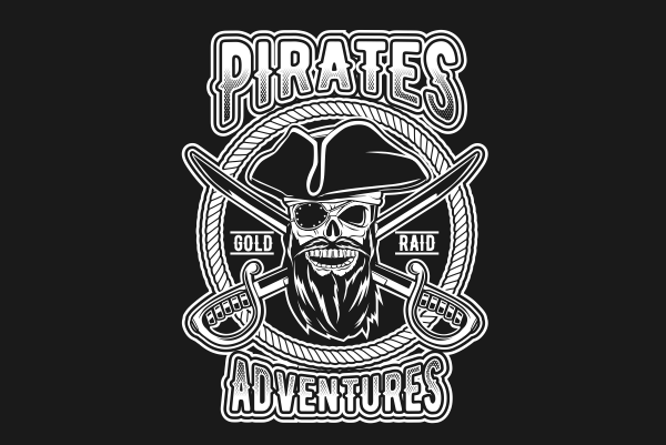 Skull pirates black and white commercial use t-shirt design