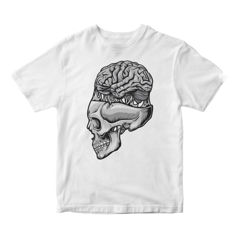 skull brain out, cartoon vector t shirt design for sale