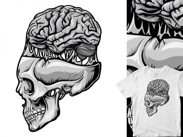Skull brain out, cartoon vector t shirt design for sale