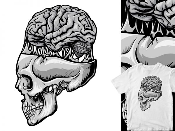 skull brain out, cartoon vector t shirt design for sale - Buy t