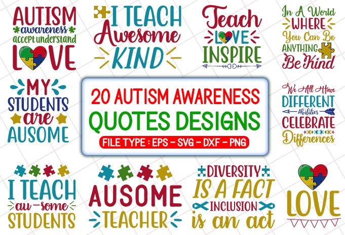 20  Autism Awareness T shirt Designs Bundle