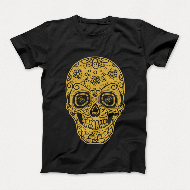 Golden Muerte Skull graphic t-shirt design