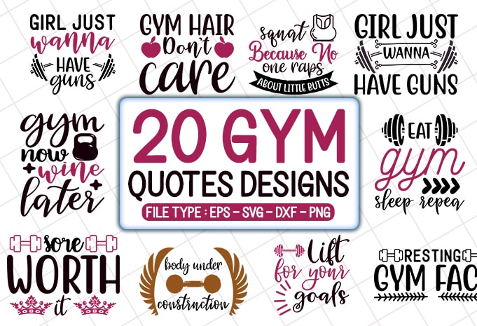 20 Gym quotes T shirt Designs Bundle, gym svg bundle, gym craft bundle, gym cutfiles