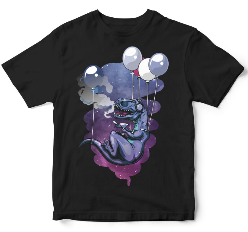 into the sky with balloons funny t-rex graphic t-shirt design