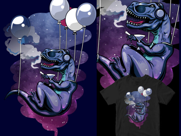 Into the sky with balloons funny t-rex graphic t-shirt design