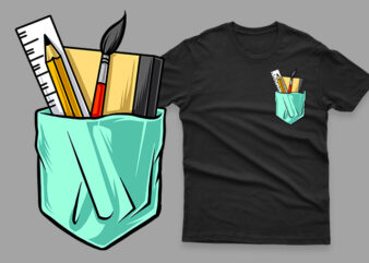 Pocket Pencil brush ruller and book t shirt illustration