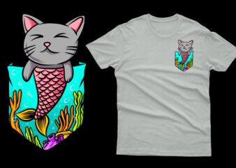 pocket cat mermaid funny t shirt illustration