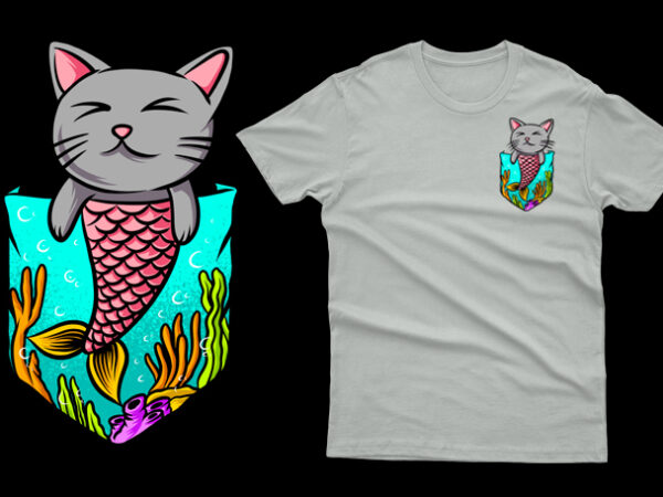 Pocket cat mermaid funny t shirt illustration