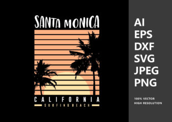 Santa Monica California Sunset T-Shirt Design Vector